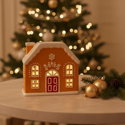 Decorative gingerbread house light with Christmas tree and ornaments in the background