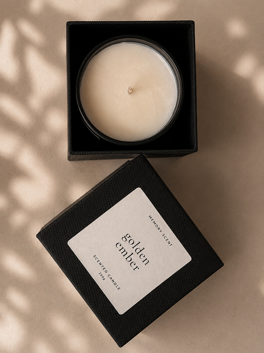 Candle in a black box labeled 'golden ember' on a beige background
