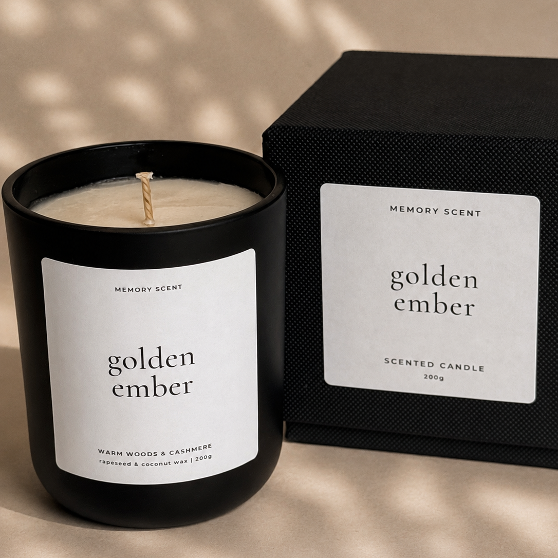 Scented candle labeled 'golden ember' with a matching black box on a beige background
