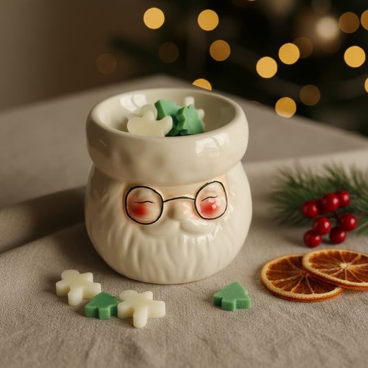 Santa Claus Wax Burner on a christmas decorated table cloth, with a christmas tree in the background, and orange slices and pine tree branches on the table top next to it, with some of the gingerbread men and christmas tree wax melts around and inside the top of the wax burner.