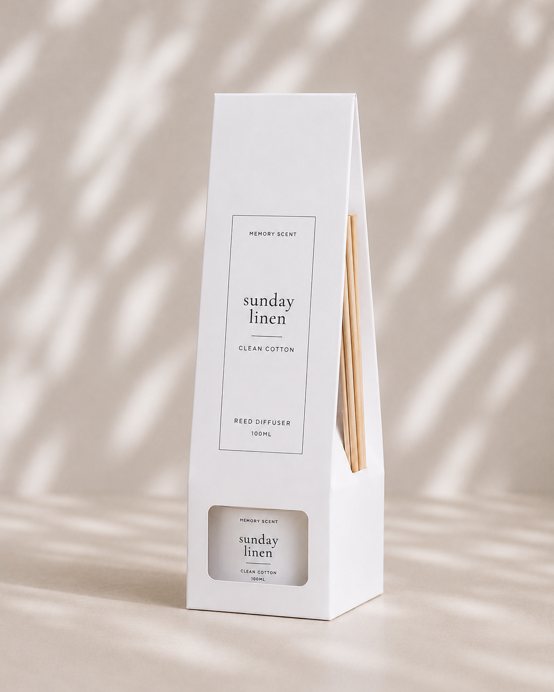Sunday Linen Reed Diffuser packaging on a neutral background