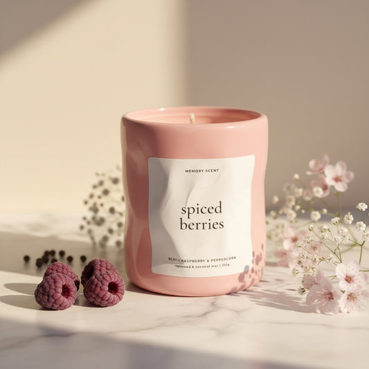 Pink candle labeled 'spiced berries' with raspberries and flowers on a light surface