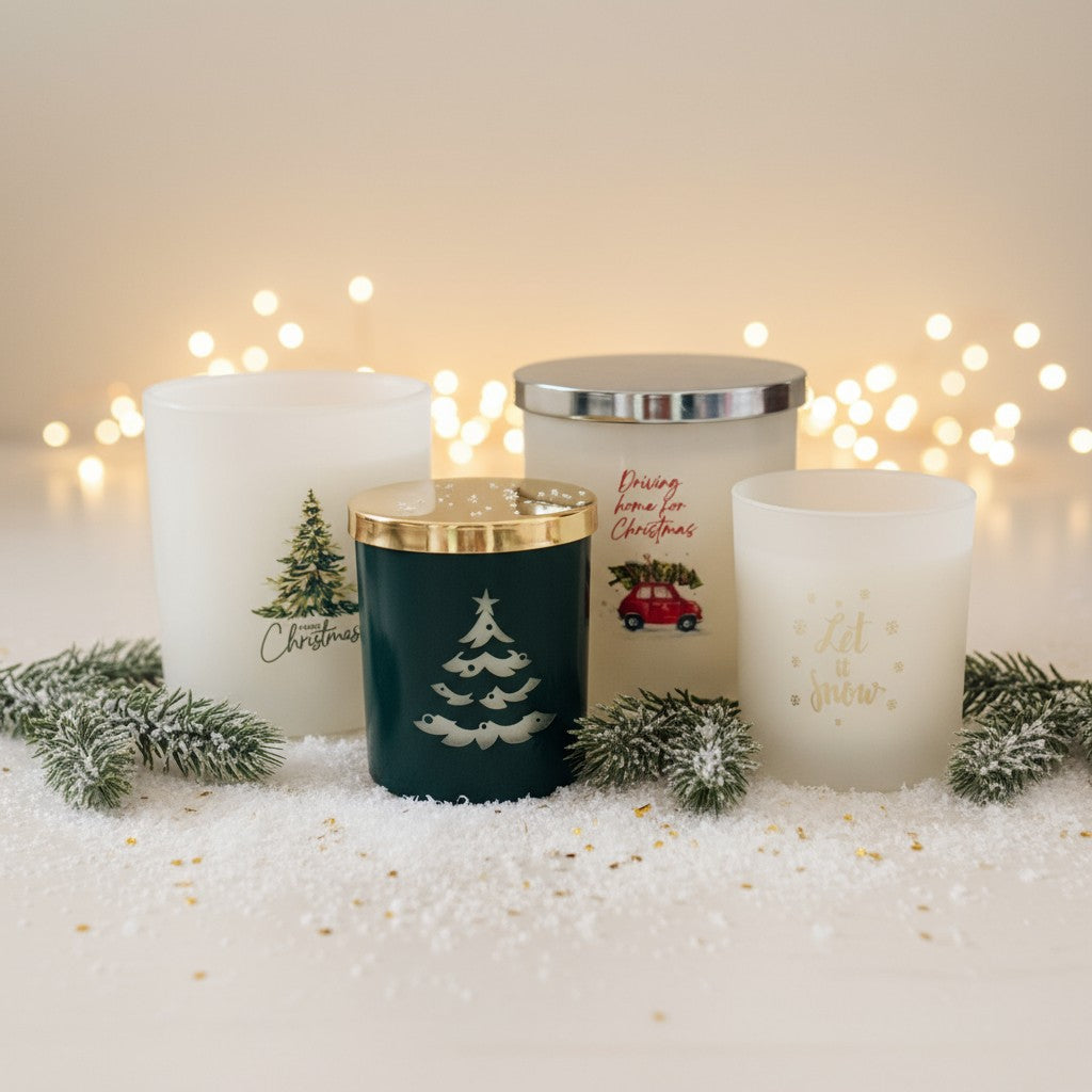 Image of the Christmas Candle Collection, featuring 30cl and 60cl candle jars, with a christmas theme background including fairy lights, snow dusting and pine tree branches.