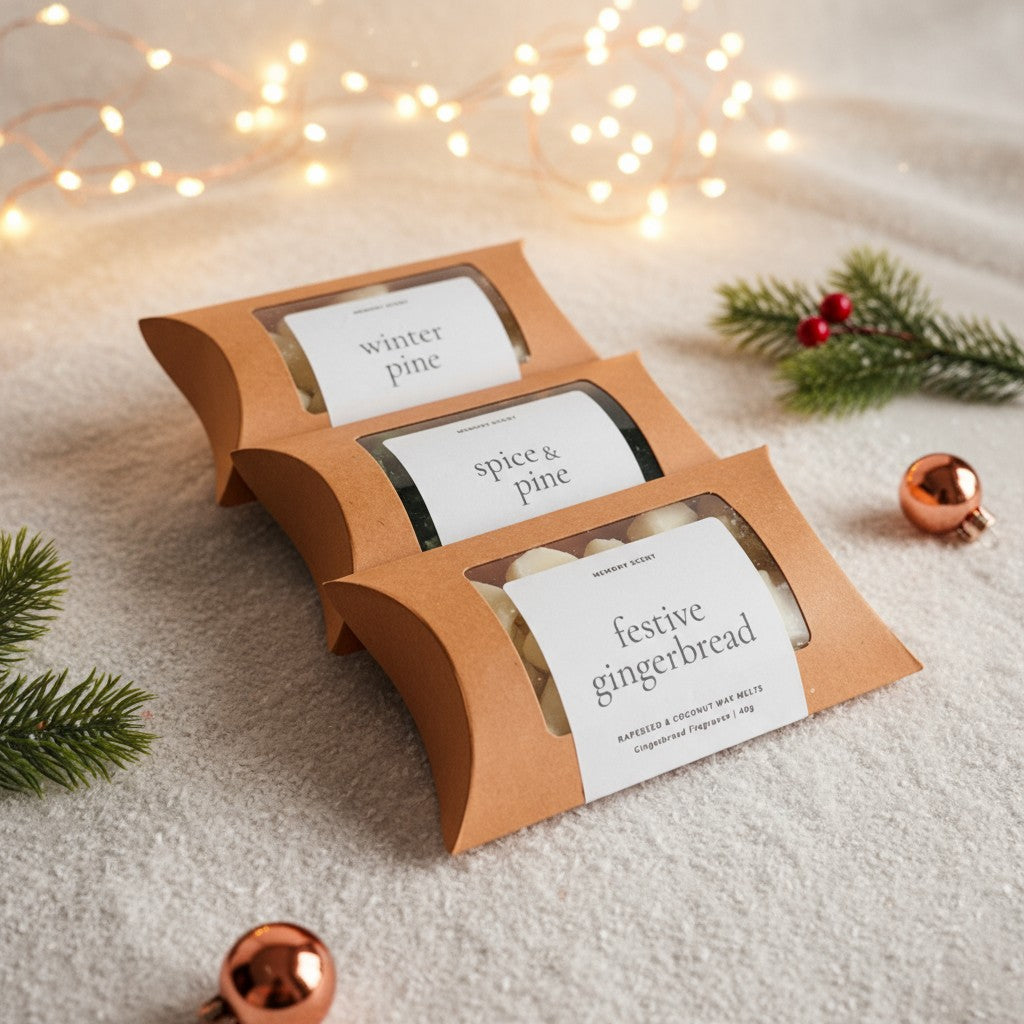 Three boxes of Christmas wax melts labeled Winter Pine, Spice & Pine, and Festive Gingerbread displayed on a snow-dusted surface with soft fairy lights, pine sprigs, and festive ornaments in the background.