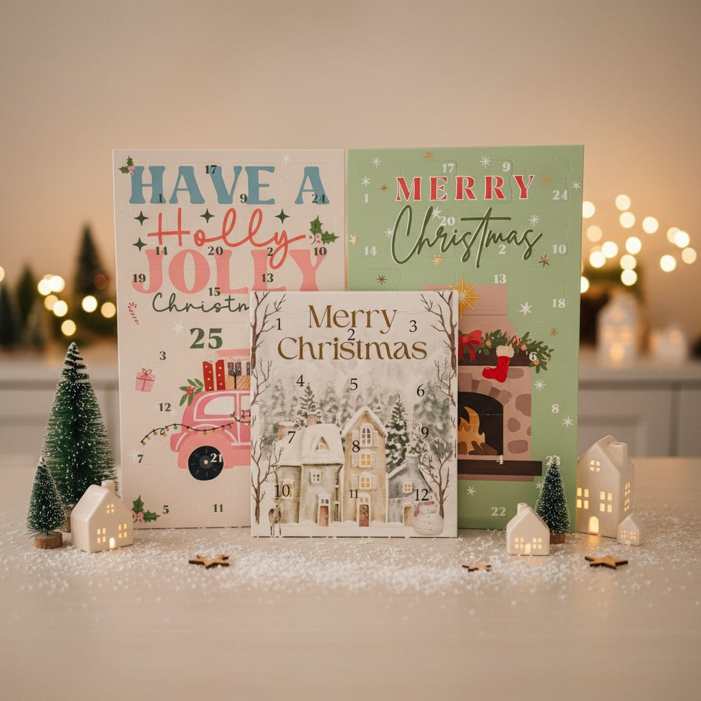 Three Christmas wax melt advent calendars displayed together with festive decorations, small ceramic houses, bottle-brush trees, and soft snow dusting, creating a cozy holiday scene.