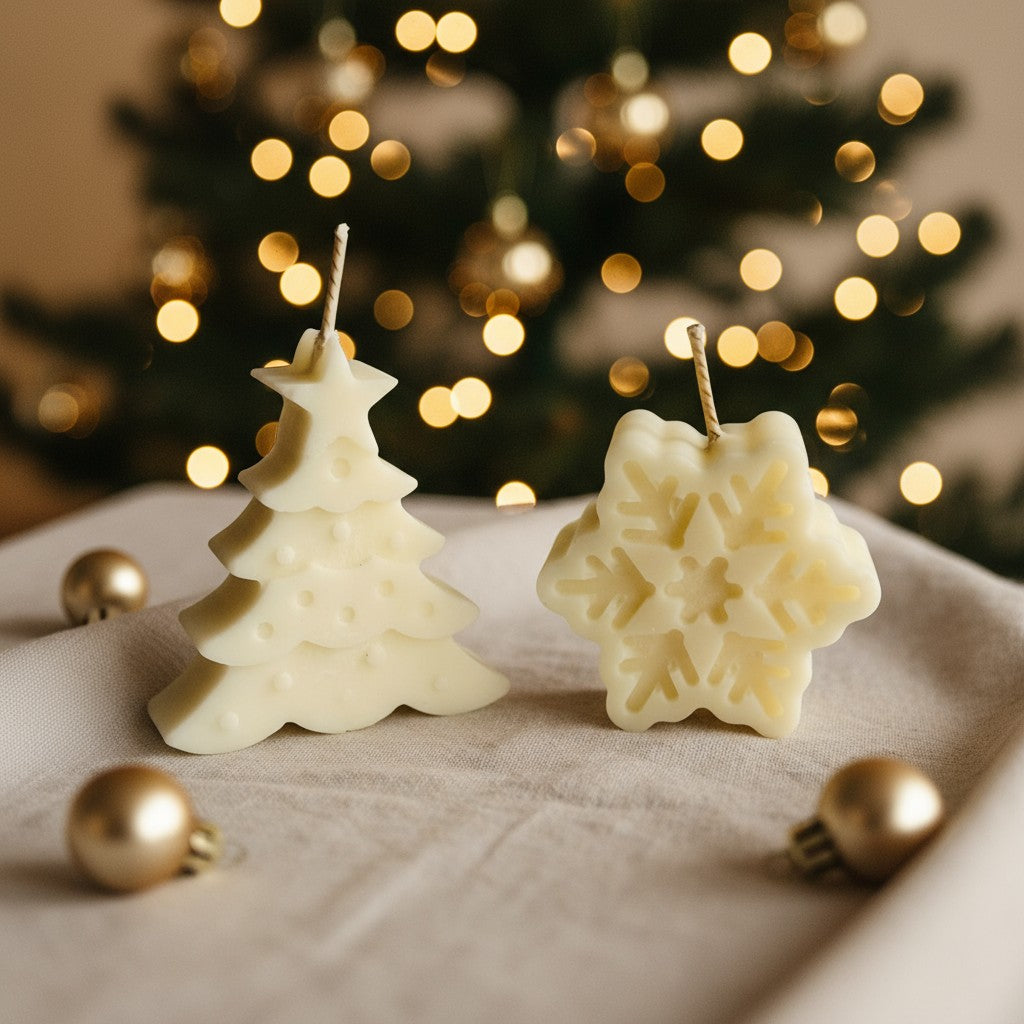 Two festive decorative candles shaped like a Christmas tree and a snowflake, placed on a soft fabric with golden baubles and a glowing Christmas tree in the background.