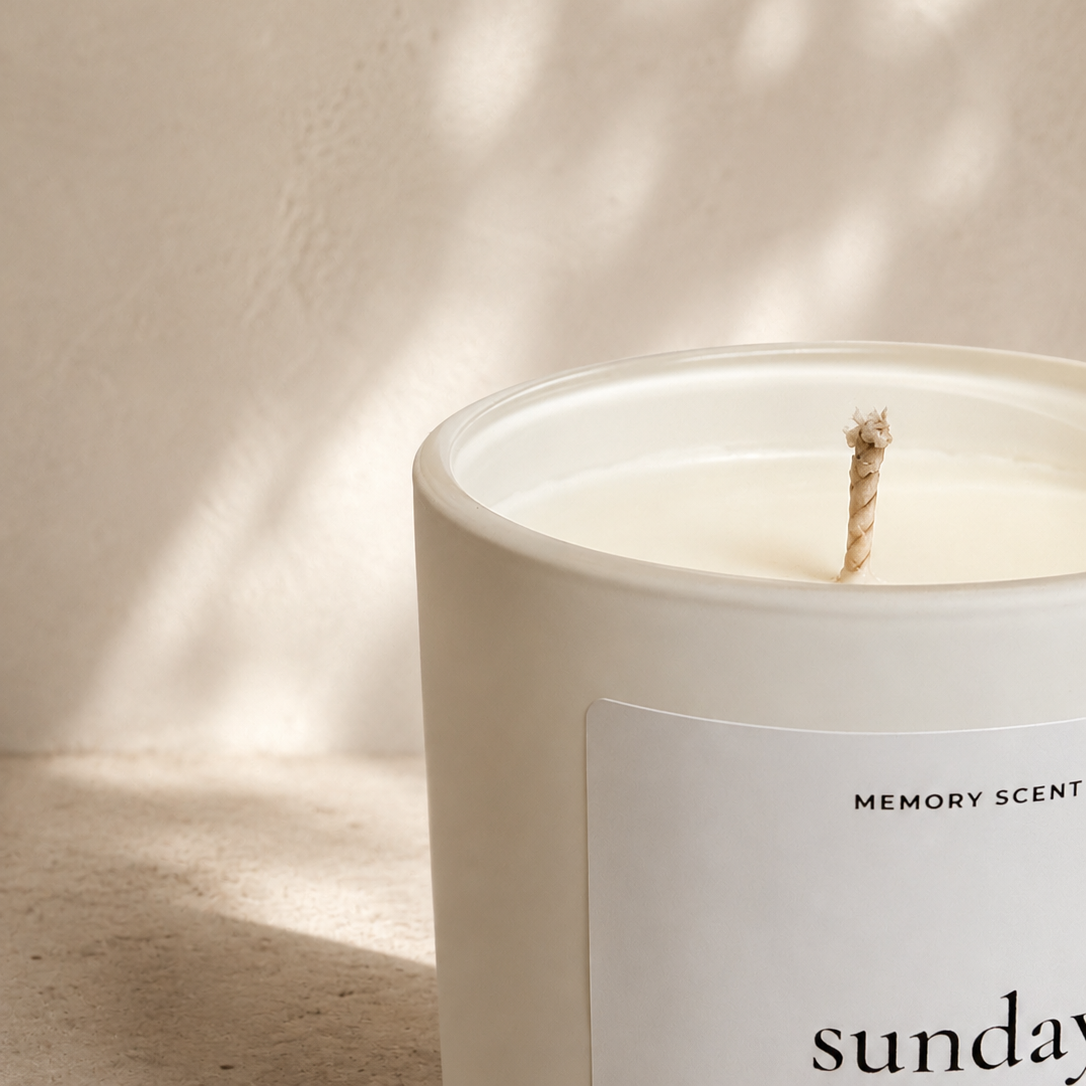 Candle with a label on a neutral background