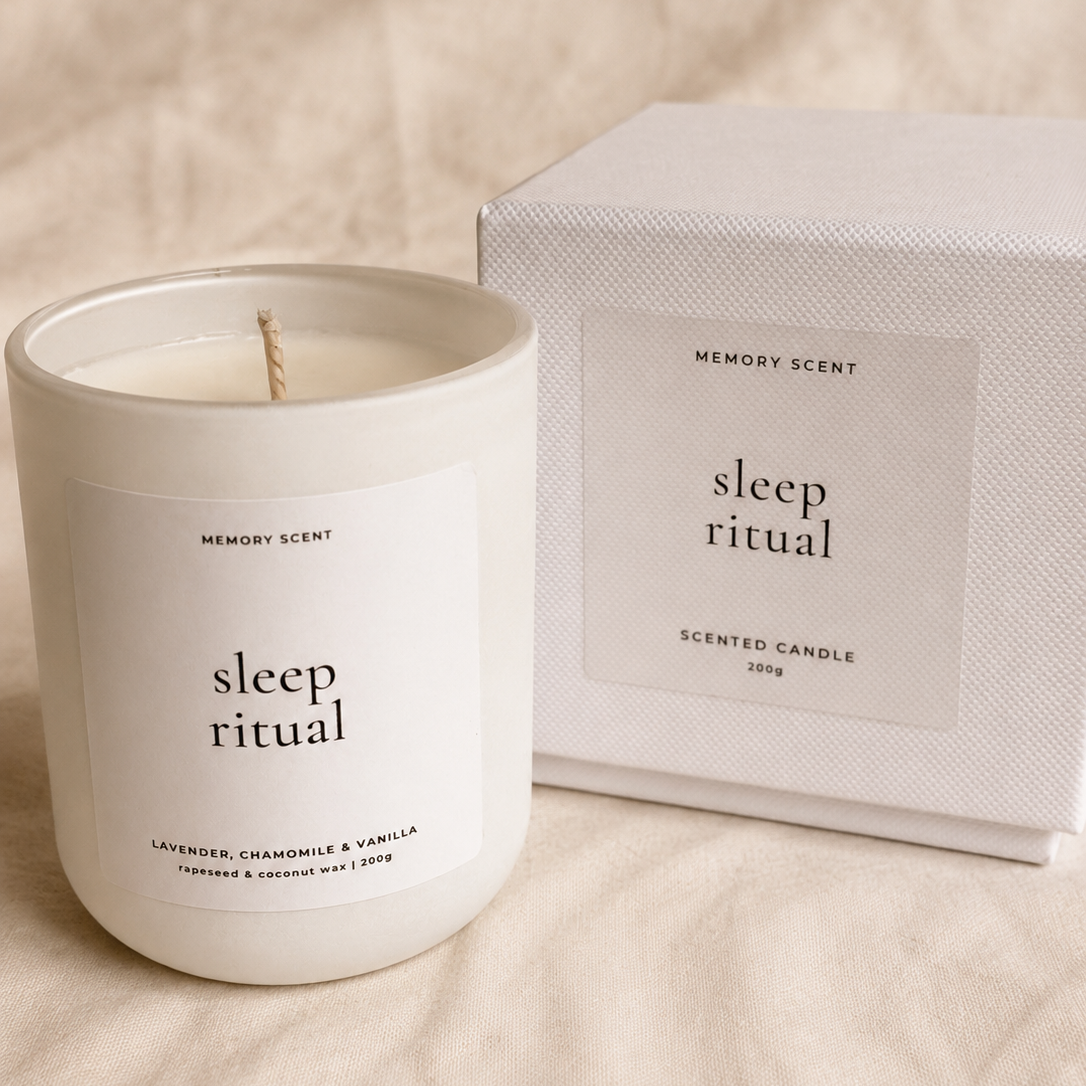 Sleep ritual scented candle with packaging on a beige background