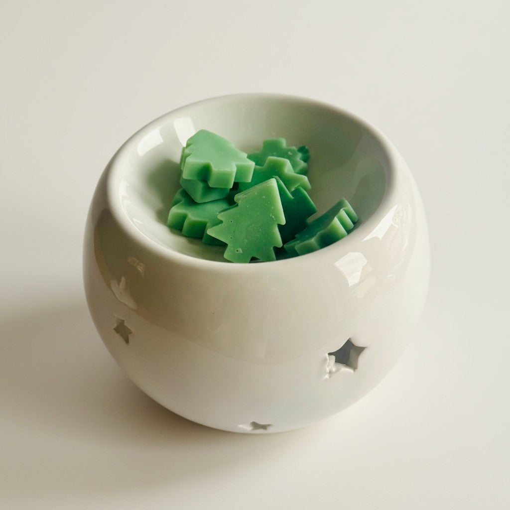 Christmas Pudding Wax Burner on a plain white background and christmas tree wax melts inside the wax melt area