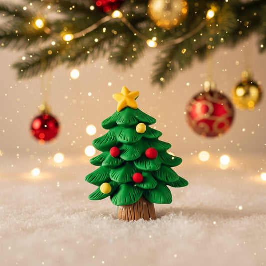 Small green Christmas tree figurine with red and gold decorations on a snowy background with lights.