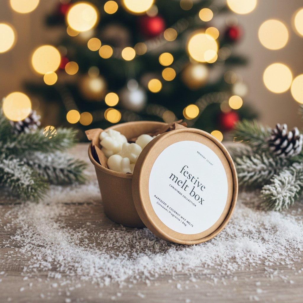 The festive melt box open with the lid half on. On top of a wood countertop with snow dust surrounding it, and a blurred Christmas Tree with lights in the background.