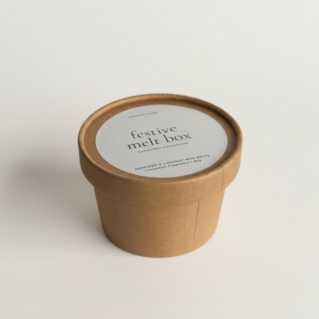 The festive melt box with the lid on, from a flat lay view of the top on a plain white studio background. 