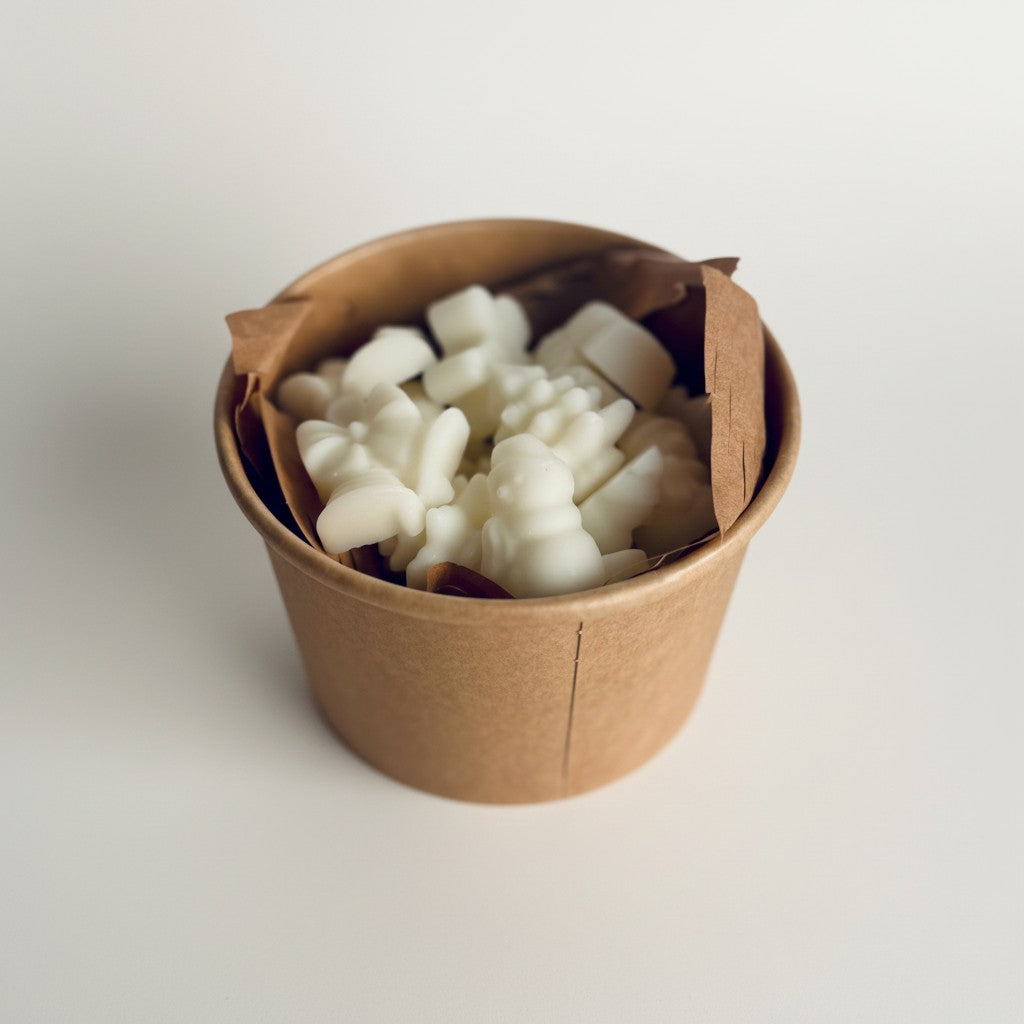 A close up image of the festive wax melt box open without the lid, showing the shapes inside, on a clear plain white studio background.