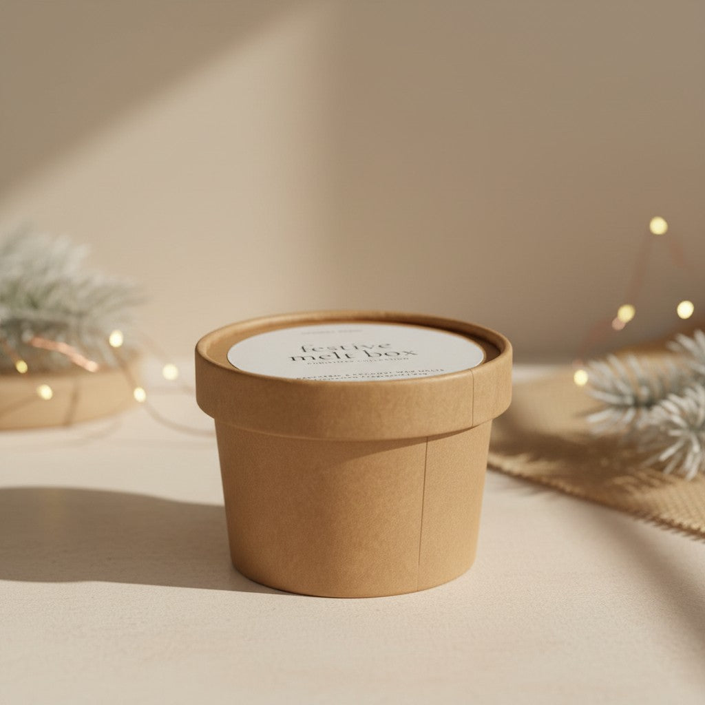 The festive wax melt box showing it side on, on top of a countertop. In the background are some blurred out fairy lights and fake christmas pine trees.