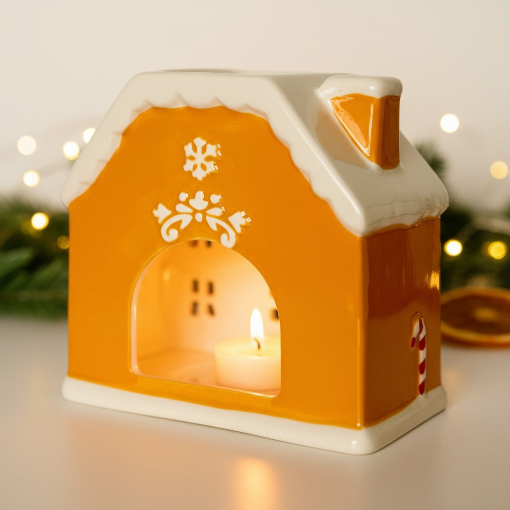 Gingerbread house-shaped wax burner with a lit candle inside, against a blurred festive background.