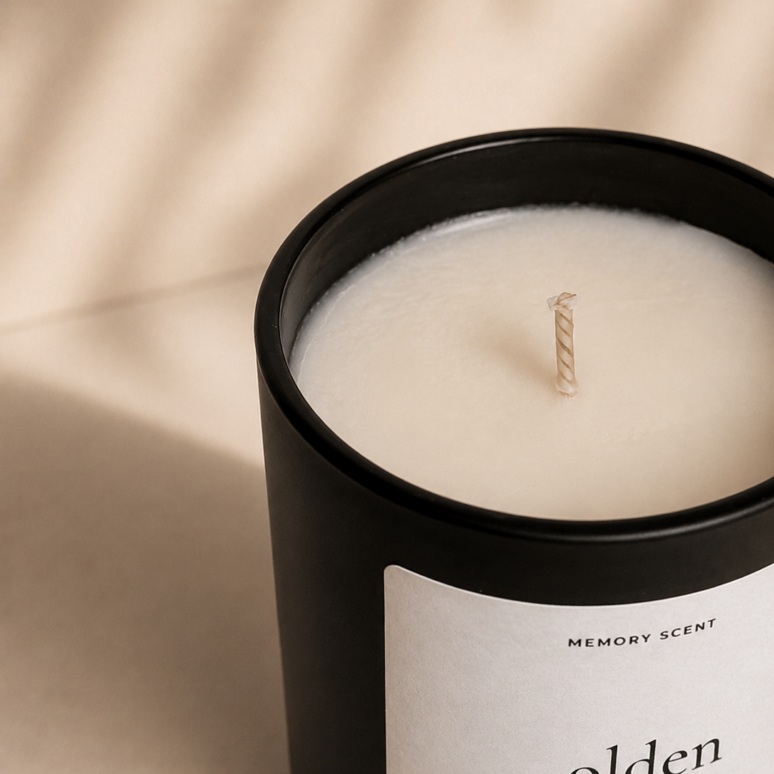 Candle in a black container with a label on a beige background