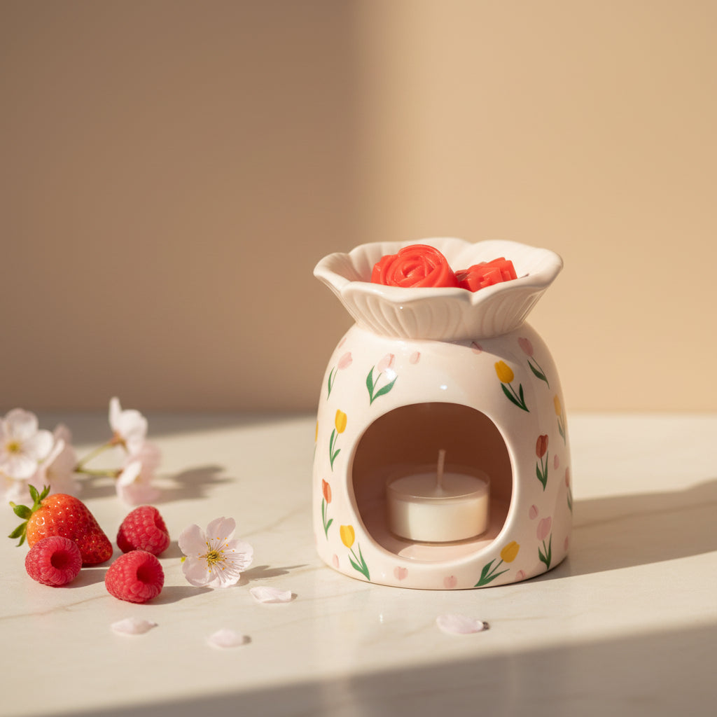 Decorative ceramic wax / oil burner with floral design on a light surface with strawberries and flowers.