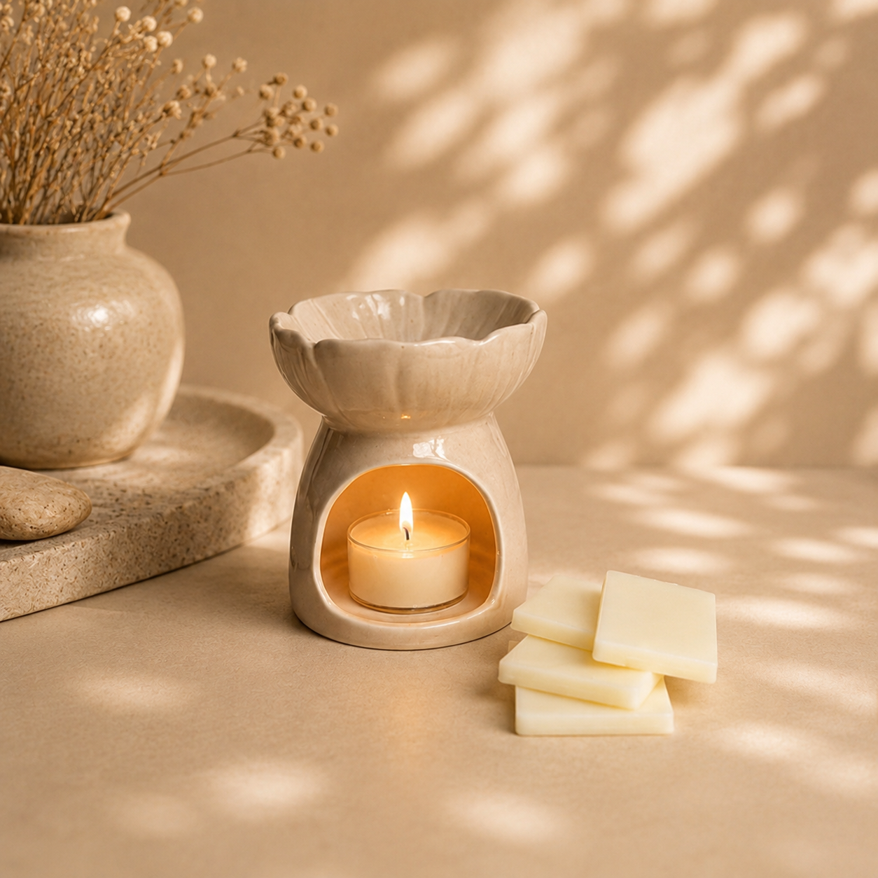 Pink blossom ceramic wax burner on a beige background with props in the background and wax snap bars on the side.