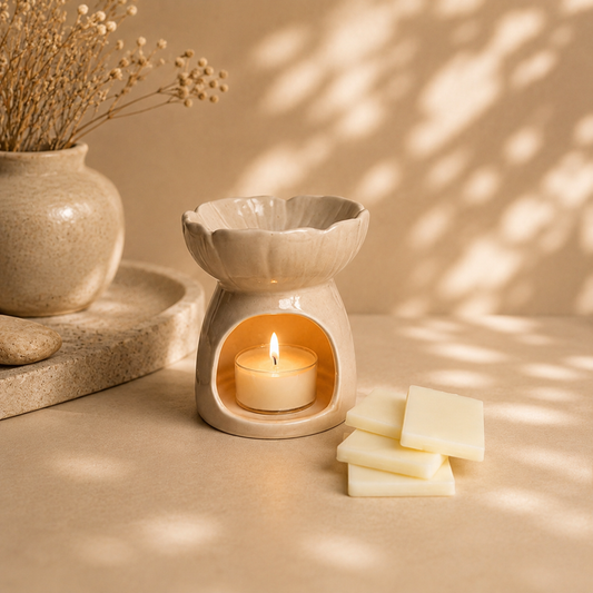 Pink blossom ceramic wax burner on a beige background with props in the background and wax snap bars on the side.