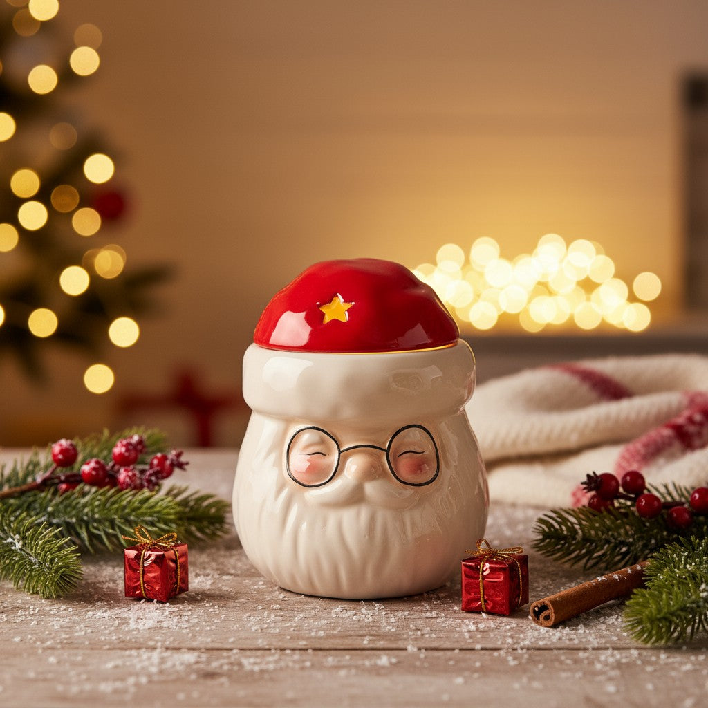 Santa Claus Wax Burner facing the front, glowing with a tealight inside. In the background are some christmas lights and a tree. It is surrounded by some little christmas themed props on the countertop.