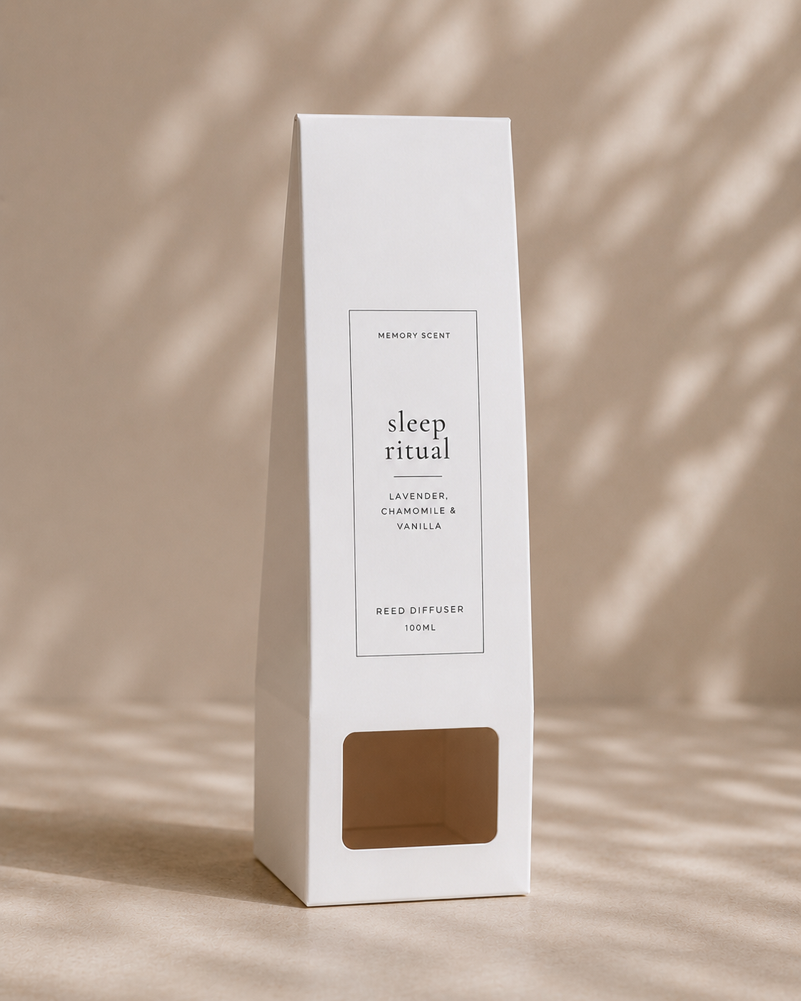 White Box Diffuser packaging of the 'sleep ritual' diffuser product on a beige background.