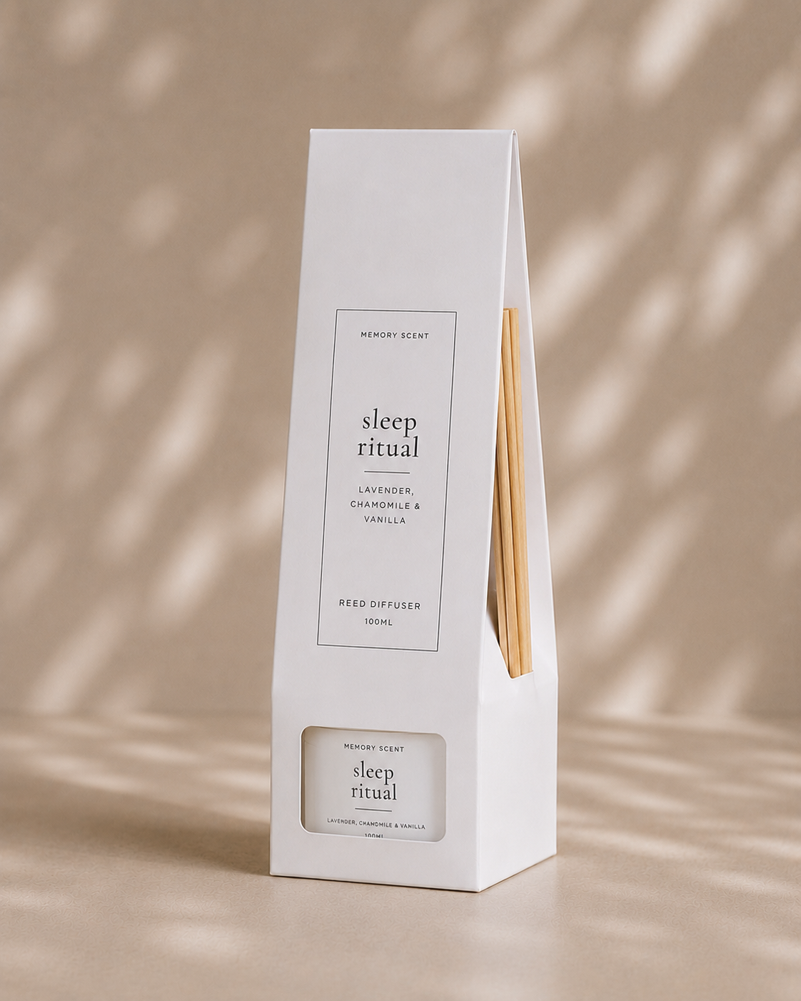 Diffuser inside diffuser box product packaging on a beige background