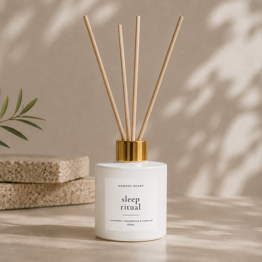 Diffuser with wooden sticks on a neutral background.