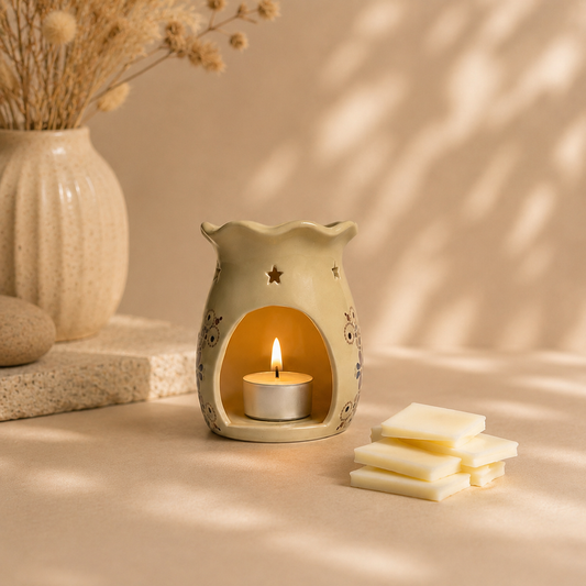 Decorative wax burner with a lit candle and stacked wax bars on a neutral background