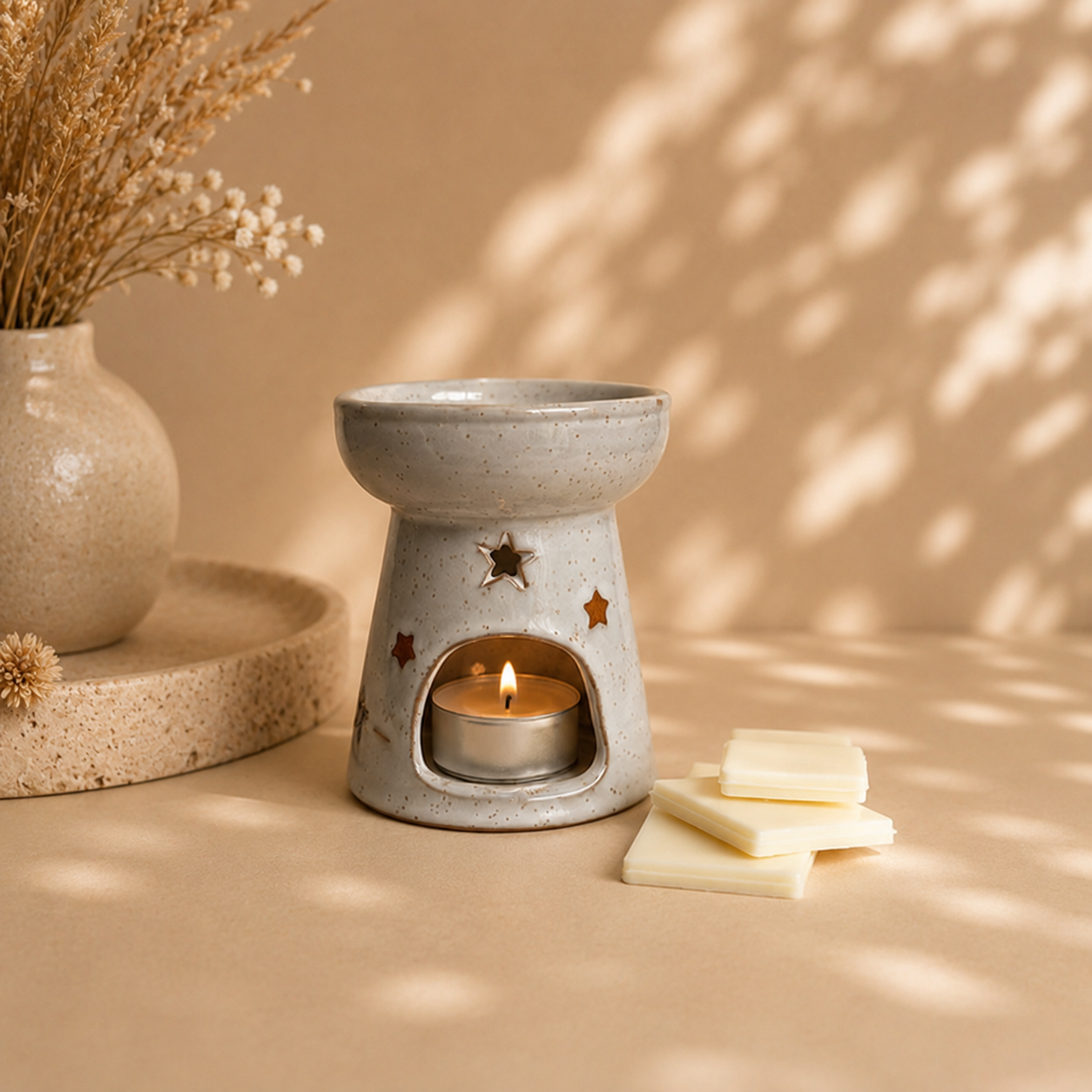 Ceramic wax burner with a lit candle on a beige surface with decorative elements.