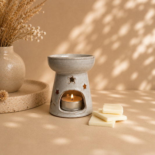 Ceramic wax burner with a lit candle on a beige surface with decorative elements.