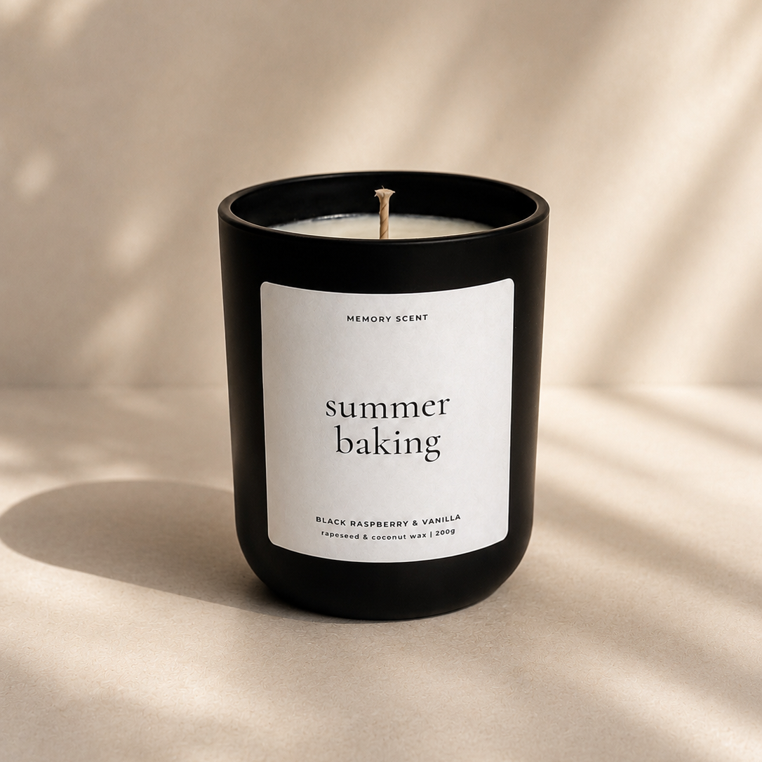 Candle with 'summer baking' label on a beige background
