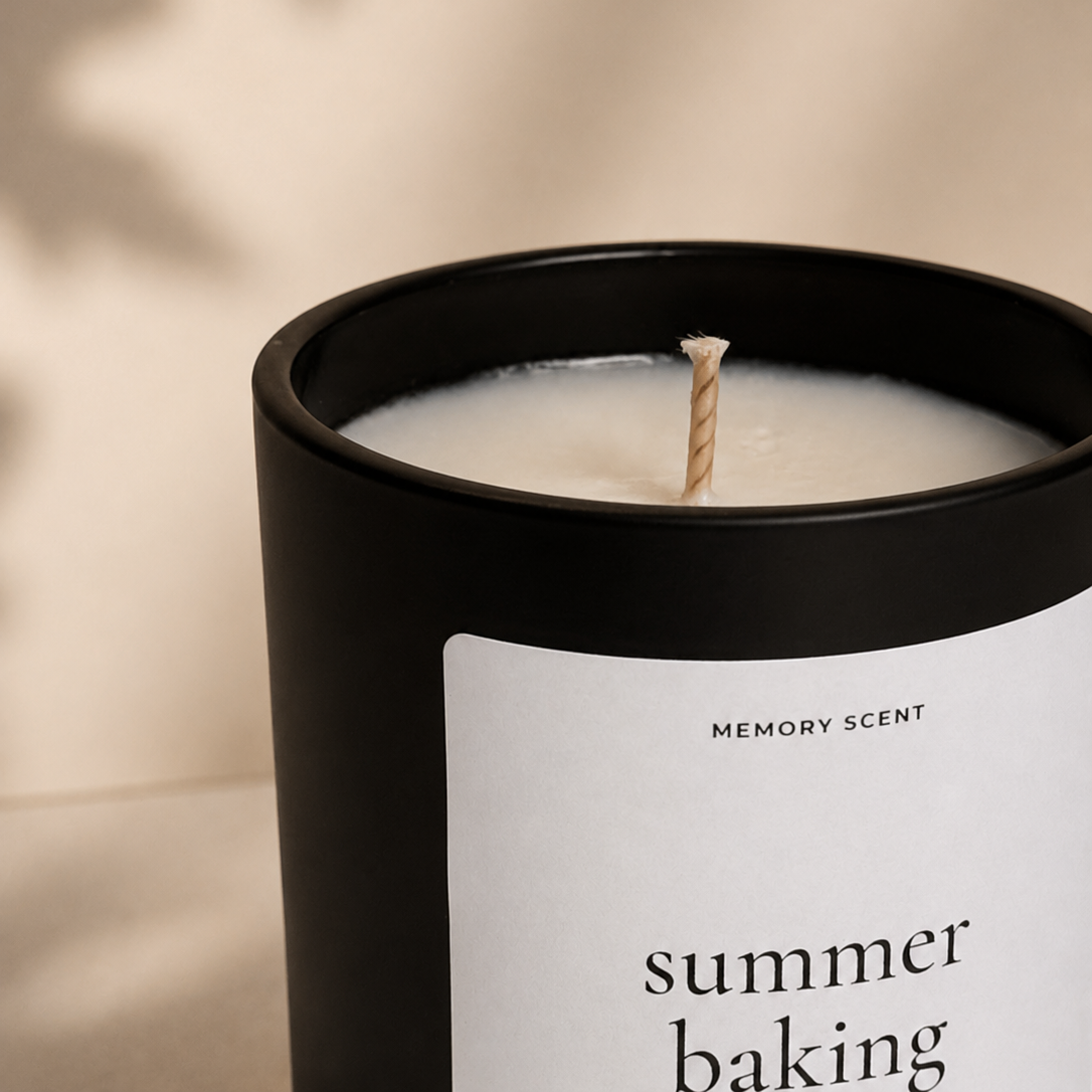Candle labeled 'summer baking' by Memory Scent on a neutral background