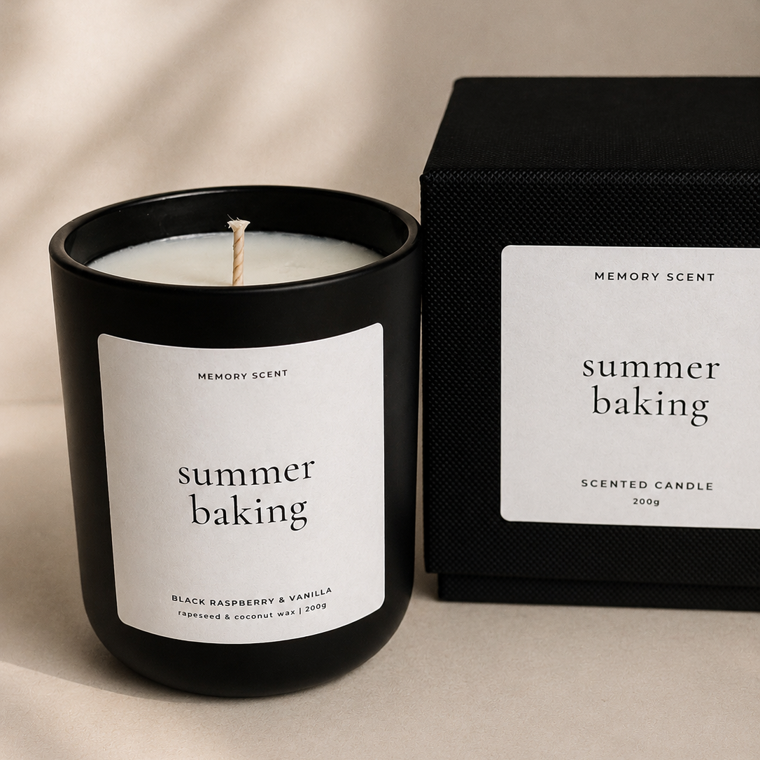 Scented candle labeled 'summer baking' with a matching black box on a beige background