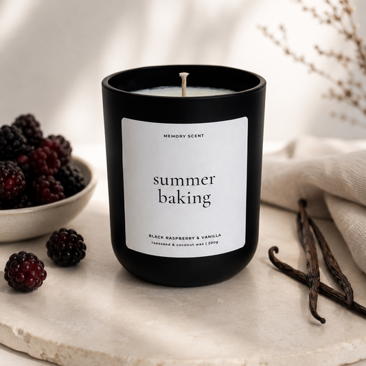 Candle labeled 'summer baking' with blackberries and vanilla beans on a neutral background