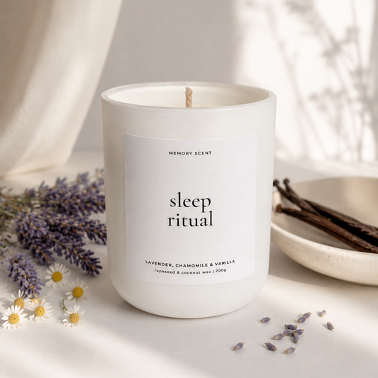 Candle labeled 'sleep ritual' with lavender and vanilla beans on a light surface.