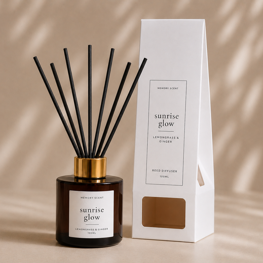 Reed diffuser with reed diffuser packaging labelled 'Sunrise Glow' on a beige background