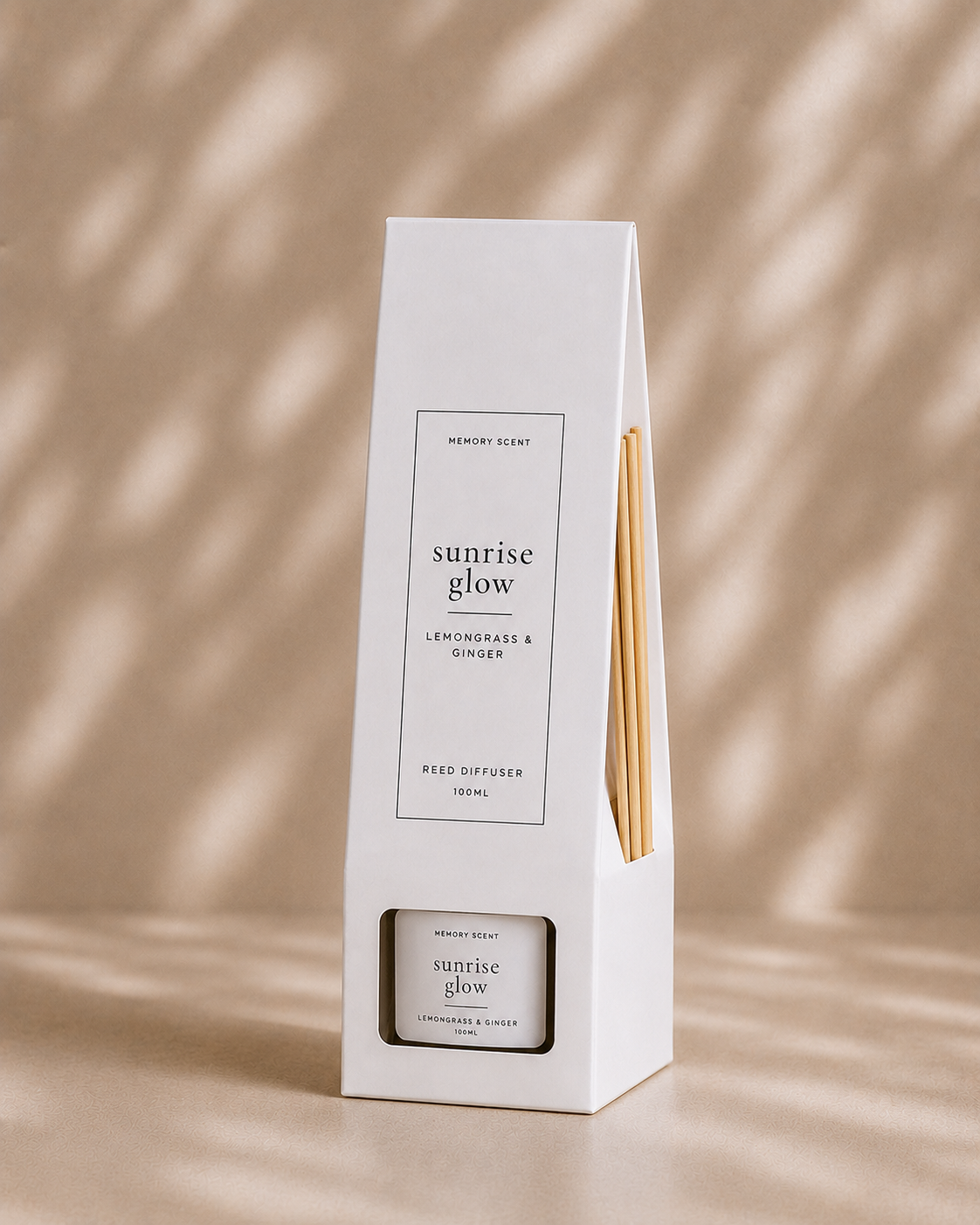 White packaging of a 'sunrise glow' product with a gold accent on a beige background