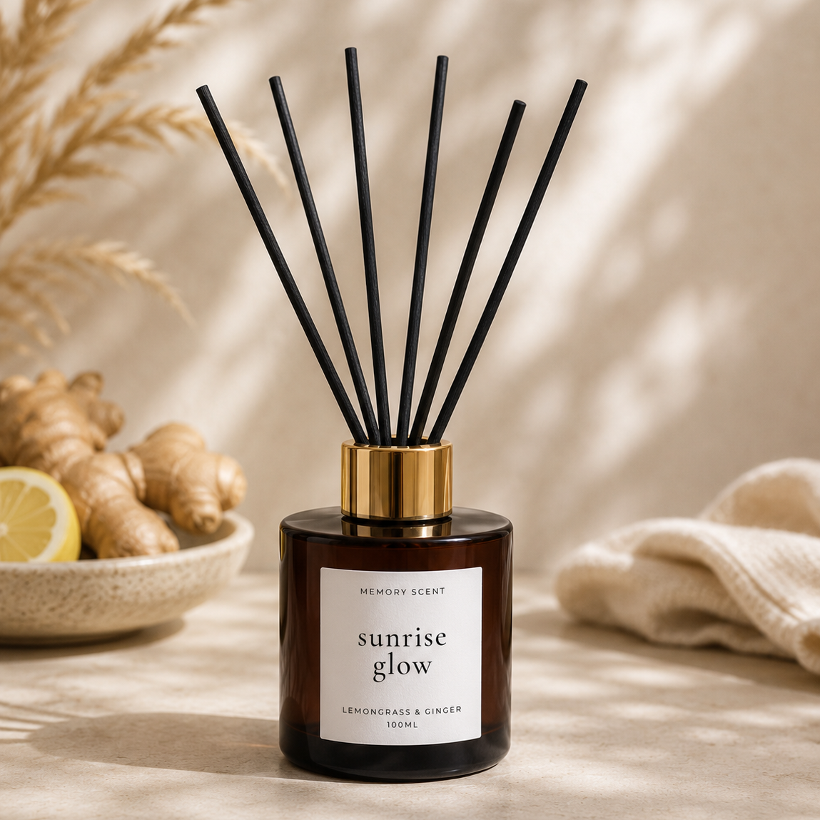 Amber Diffuser Jar with black fibre reeds on a neutral background, with ginger and lemongrass decorations.