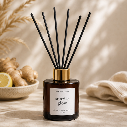 Amber Diffuser Jar with black fibre reeds on a neutral background, with ginger and lemongrass decorations.