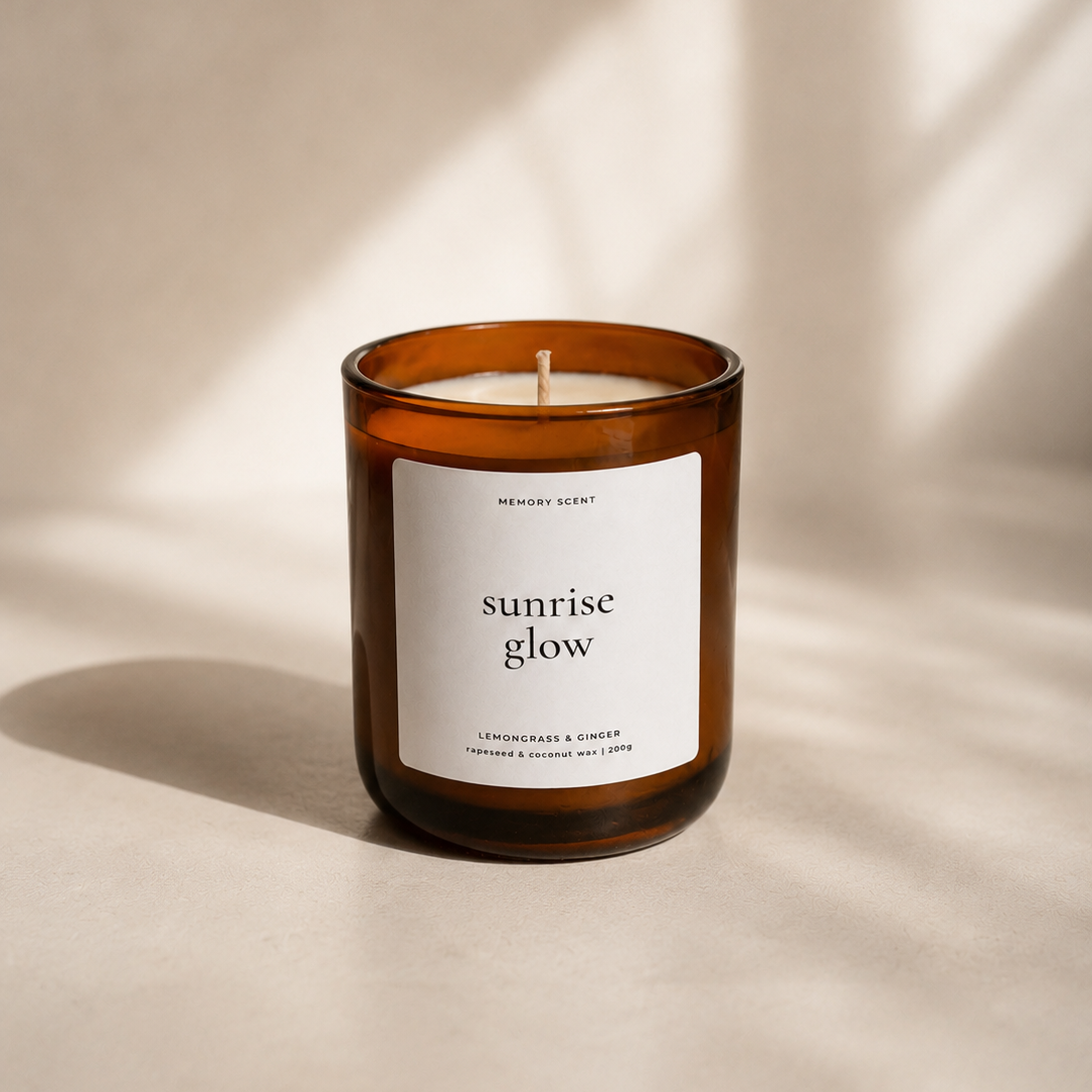 Candle with a label reading 'sunrise glow' on a beige background