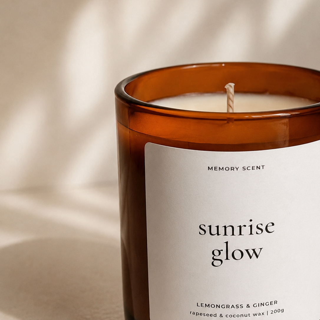 Candle with a label reading 'sunrise glow' on a neutral background