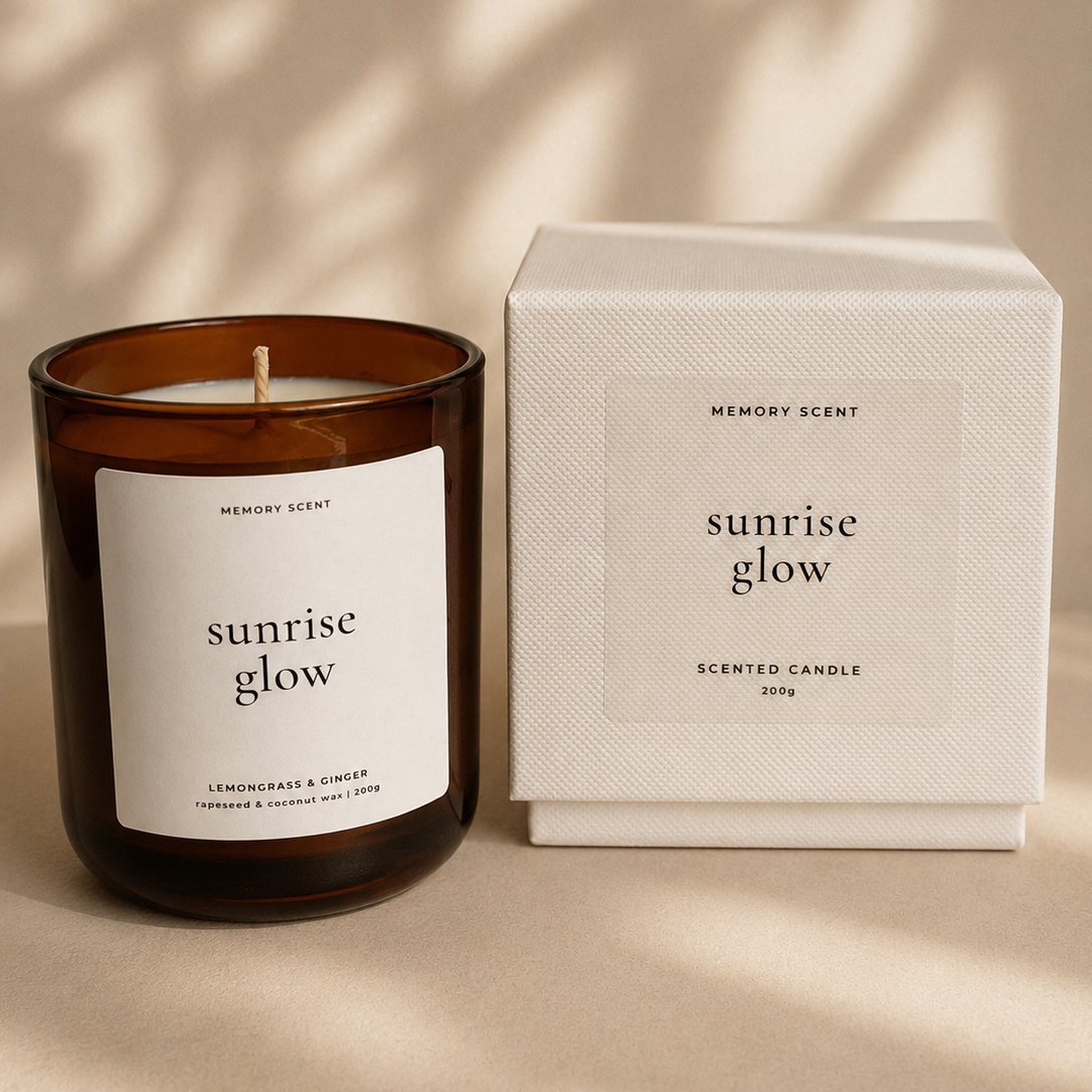 Scented candle labeled 'sunrise glow' with its packaging on a beige background