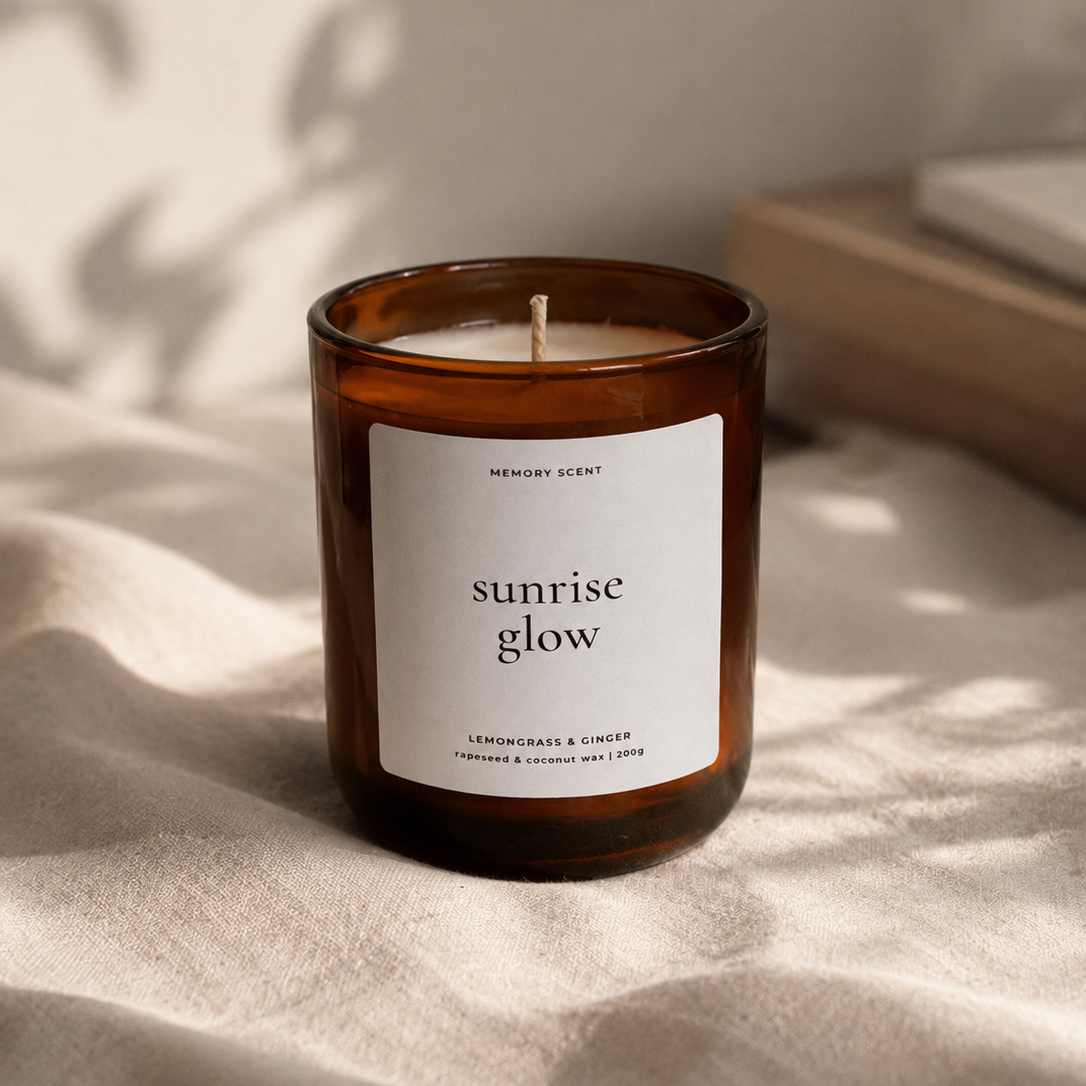 Candle labeled 'sunrise glow' on a textured surface with soft lighting