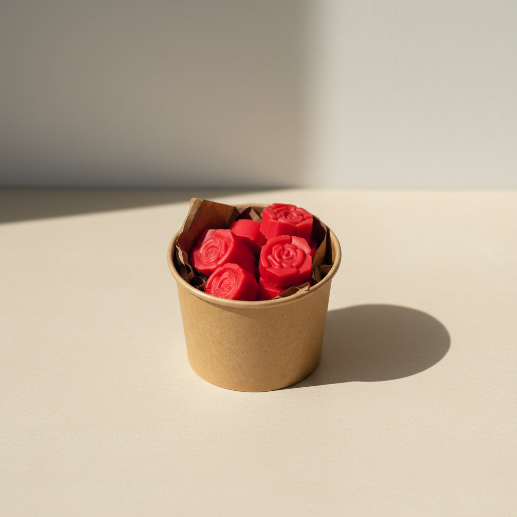 Container with red rose wax melts on a beige surface