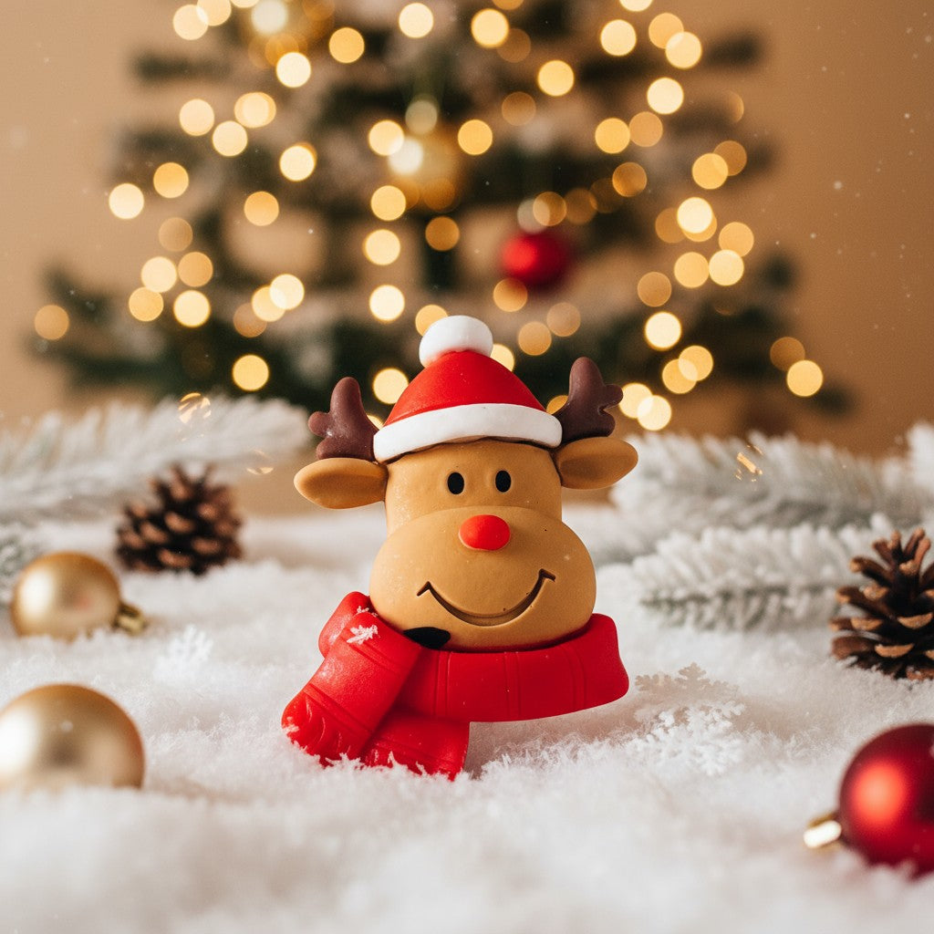 Decorative reindeer figurine with a Santa hat and red scarf in front of a Christmas tree with lights.