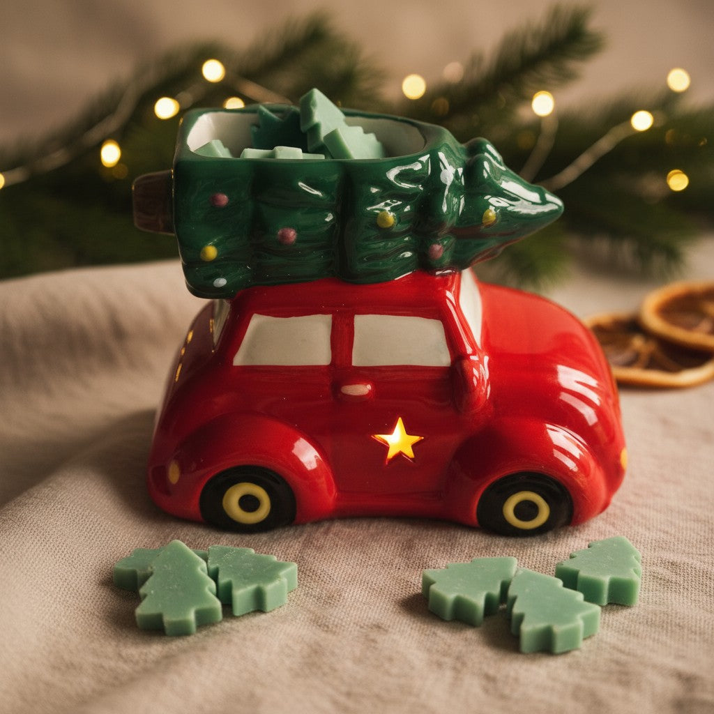 Red ceramic car wax burner with a Christmas tree on top, surrounded by small green Christmas trees, on a textured surface with blurred lights and decorations in the background.