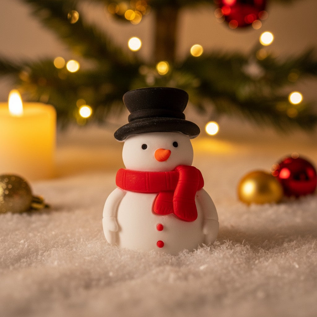 Small snowman figurine with a red scarf and black top hat in front of a Christmas tree with lights and ornaments.
