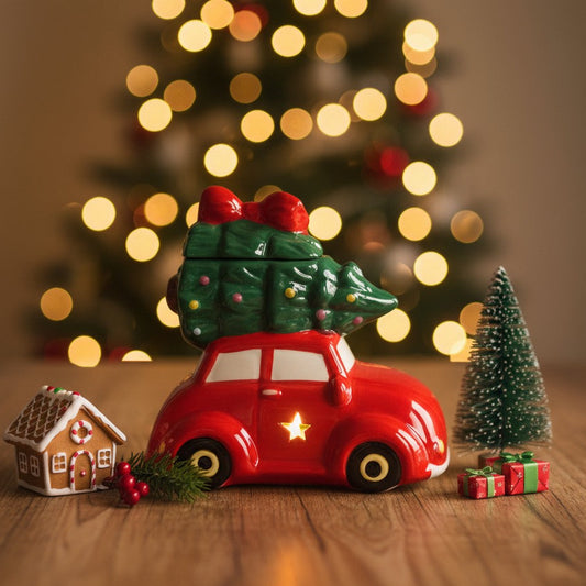 Decorative red car wax burner with a Christmas tree on top, surrounded by festive items and blurred lights in the background.