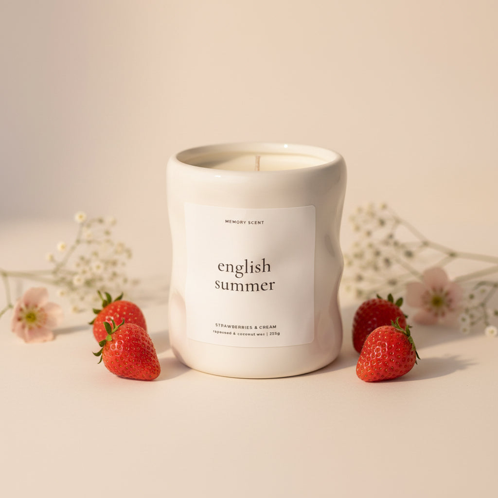 English Summer Mother’s Day candle styled with fresh strawberries and flowers