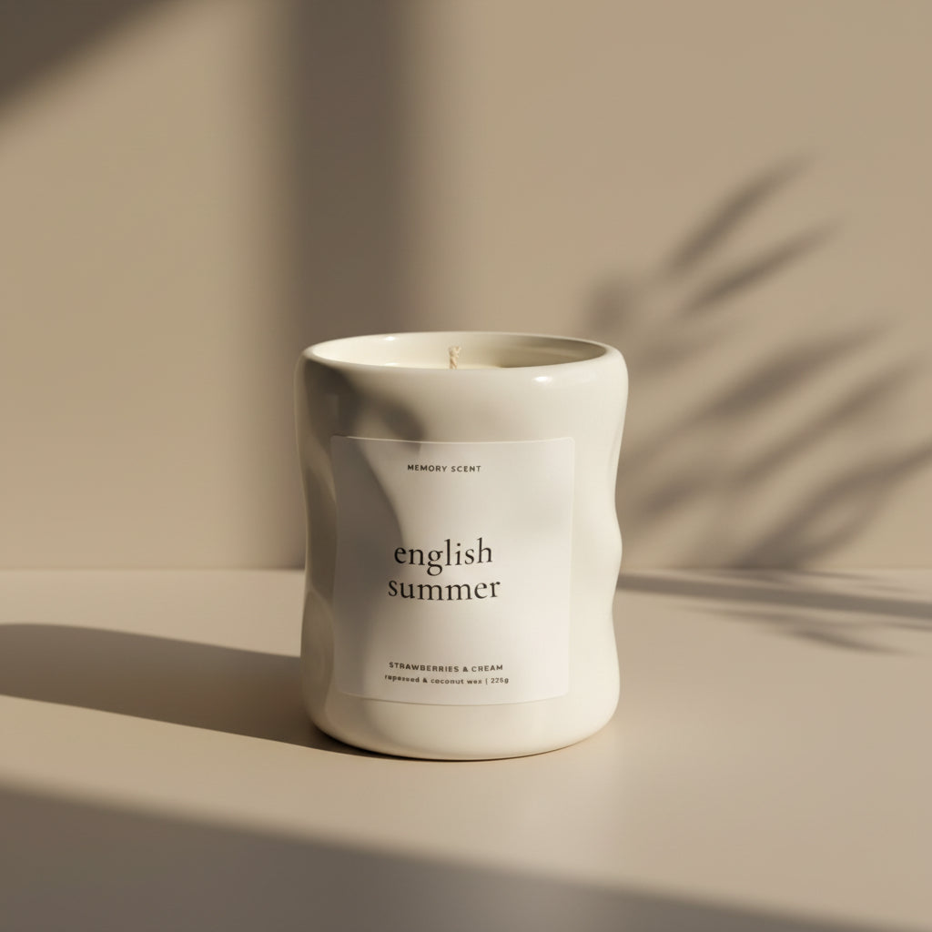 Candle labeled 'english summer' on a neutral background with subtle shadows